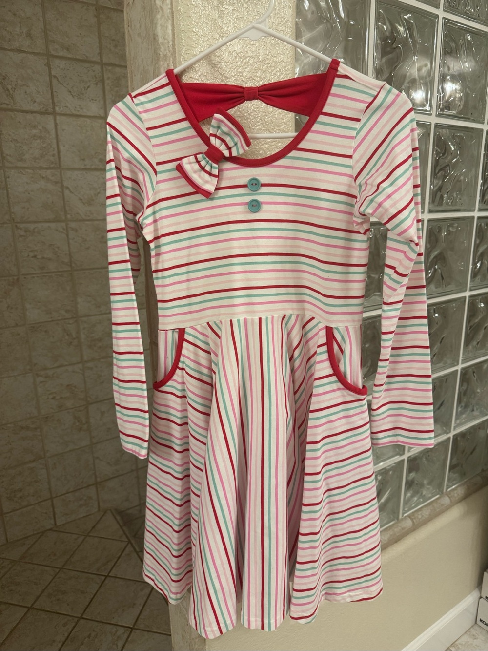 14-16 Eleanor Rose Pink, White & Green Striped Long-Sleeve Dress with Bow